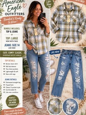 American Eagle Outfitters Plaid Button-Down Shirt & Distressed Blue Jeans